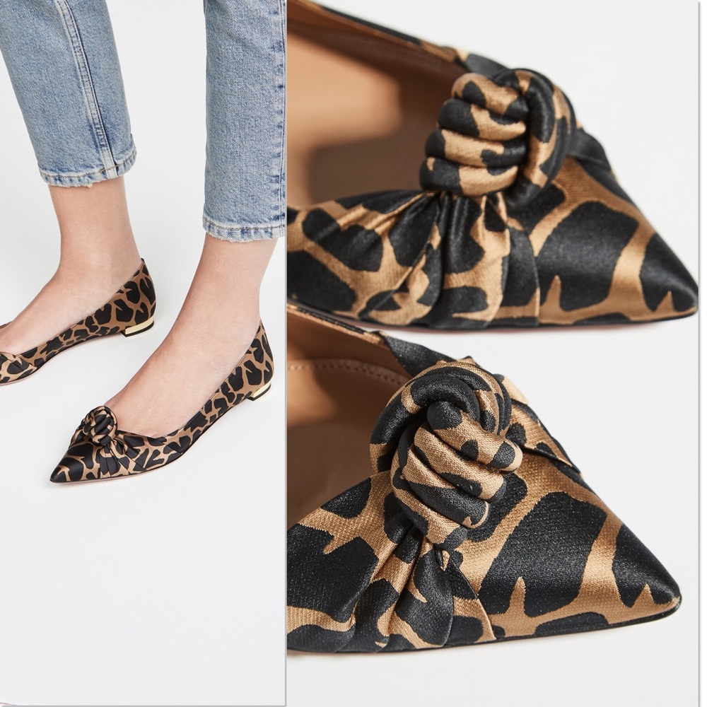 Aquazzura Leopard Print Pointed Toe Knot Flats in Black and Brown